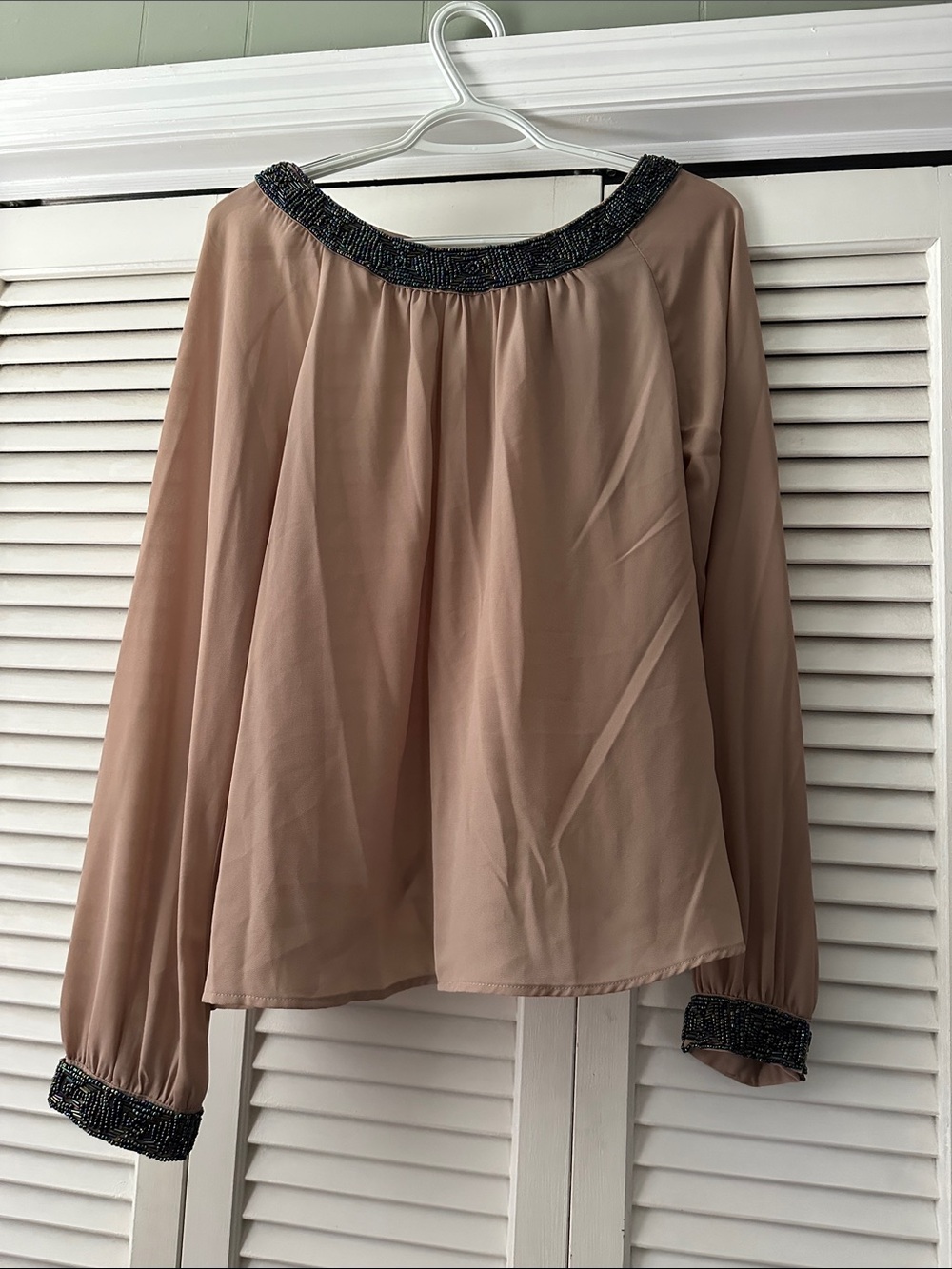 Beaded-Neck Tan Blouse - Women Tops